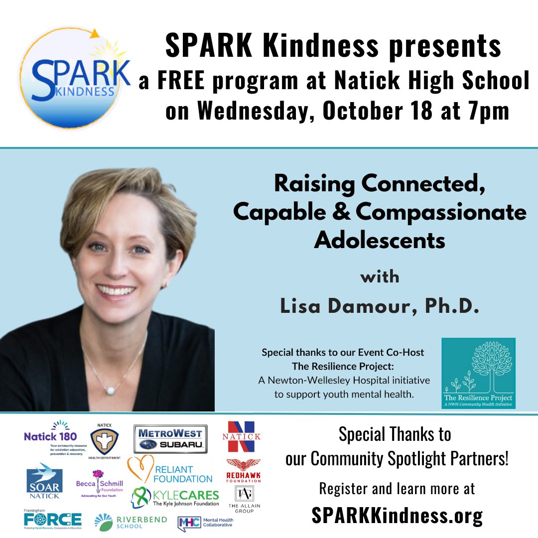 SPARK Kindness (@sparkkindness) on Twitter photo Tomorrow night 10/18 at 7pm at Natick High School! Expert <a href="/LDamour/">Lisa Damour, PhD</a> will be talking about tweens/teens' mental health and answering your questions in person! Register now for this free event: tinyurl.com/3kj2amm4 Tomorrow night 10/18 at 7pm at Natick High School! Expert <a href="/LDamour/">Lisa Damour, PhD</a> will be talking about tweens/teens' mental health and answering your questions in person! Register now for this free event: tinyurl.com/3kj2amm4