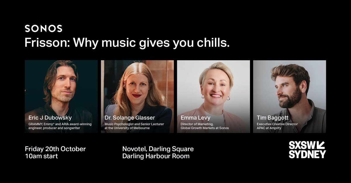 Catch me speaking at SXSW Sydney this week on the panel Frisson: Why music gives you chills, presented by Sonos.  schedule.sxswsydney.com/sessions/eec26… Friday 20th October, 10am Novotel, Darling Square,Darling Harbour Room @sxswsydney #Sonos #SXSWSydney