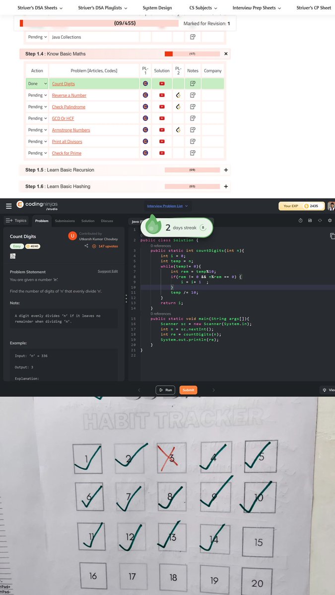 Sahilsher2710's tweet image. Day 75 of #75dayscodechallenge
OK guys be honest
Today, Study 2 & half hour
> Lear basic of time complexity
> Solve basic problems of maths in
#StriversA2ZDSA
> Continue lecture & run Quiry #SQL
day2 of
#50daysOfWordPowerMadeEasy
‣ Giving pending test
#java #Book