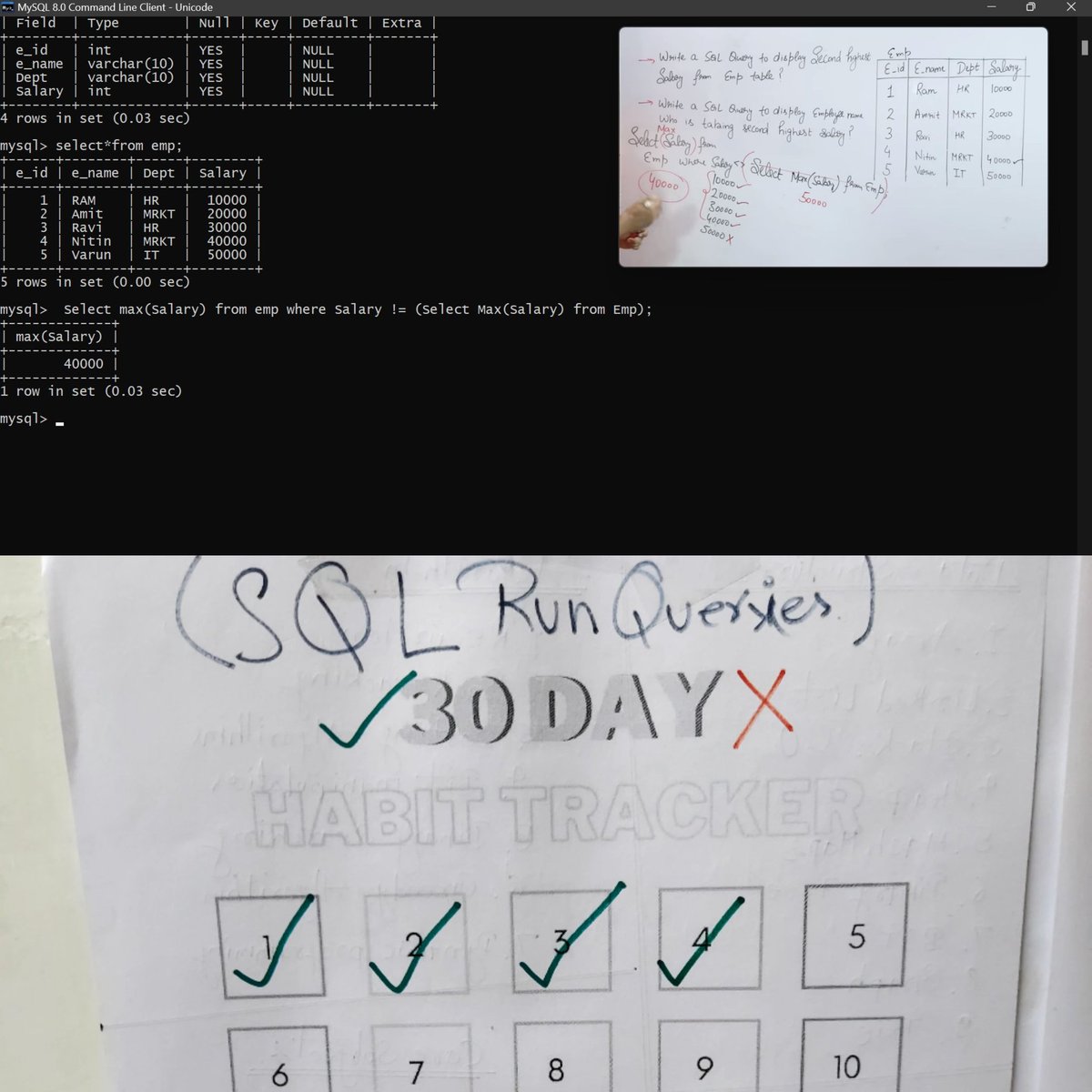 Sahilsher2710's tweet image. Day 75 of #75dayscodechallenge
OK guys be honest
Today, Study 2 & half hour
> Lear basic of time complexity
> Solve basic problems of maths in
#StriversA2ZDSA
> Continue lecture & run Quiry #SQL
day2 of
#50daysOfWordPowerMadeEasy
‣ Giving pending test
#java #Book