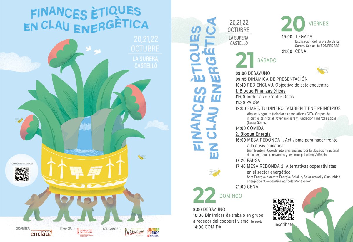 "Finances ètiques en clau energètica": Una trobada de joves sobre cooperativisme en finances ètiques y energies renovables
📆 20-22 OCT 2023
📍En l'alberg rural La Surera
🍽Pensió completa inclosa els 3 dies. Totalment gratuït 
✍🏼 Inscripció: forms.gle/p9LFXGa9XtiEy4…