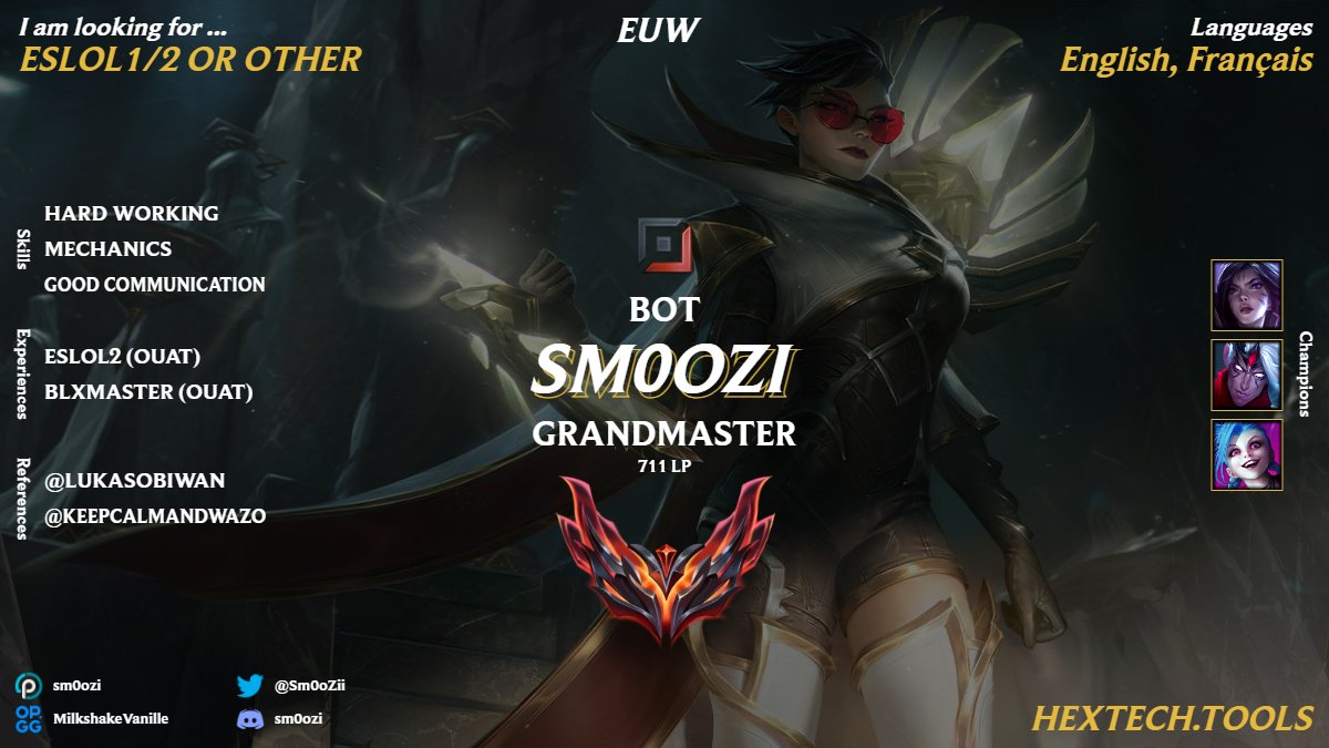 Sm0oZii's tweet image. After a split in ESLOL2 with @ouat_lol . I'm now lft and eager to learn more.

ref: @lukasobiwan @KeepCalmAndWazo 

I consider all the offers.
More information below + DM on discord are open !
Like &amp;amp; RT❤️
@LoL_LFT_Fr
