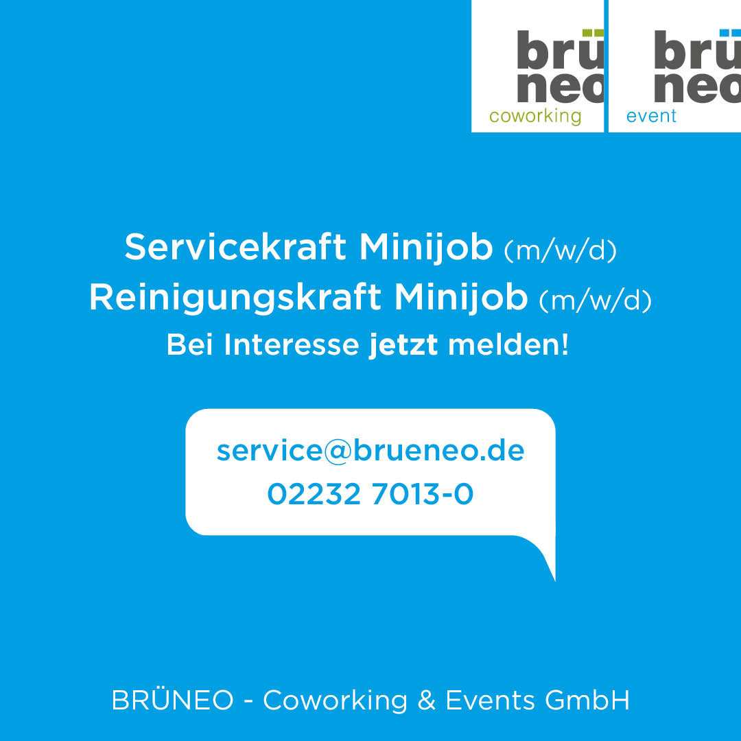 #SERVICEKRAFT #REINIGUNGSKRAFT m/w/d
#Minijob im #BRÜNEO #Brühl

JETZT! Ruf einfach an:
02232 7013-0

BRÜNEO - Coworking &amp; Events GmbH
Marie-Curie-Str. 3
50321 Brühl

#meineventspace
#meincoworkingspace