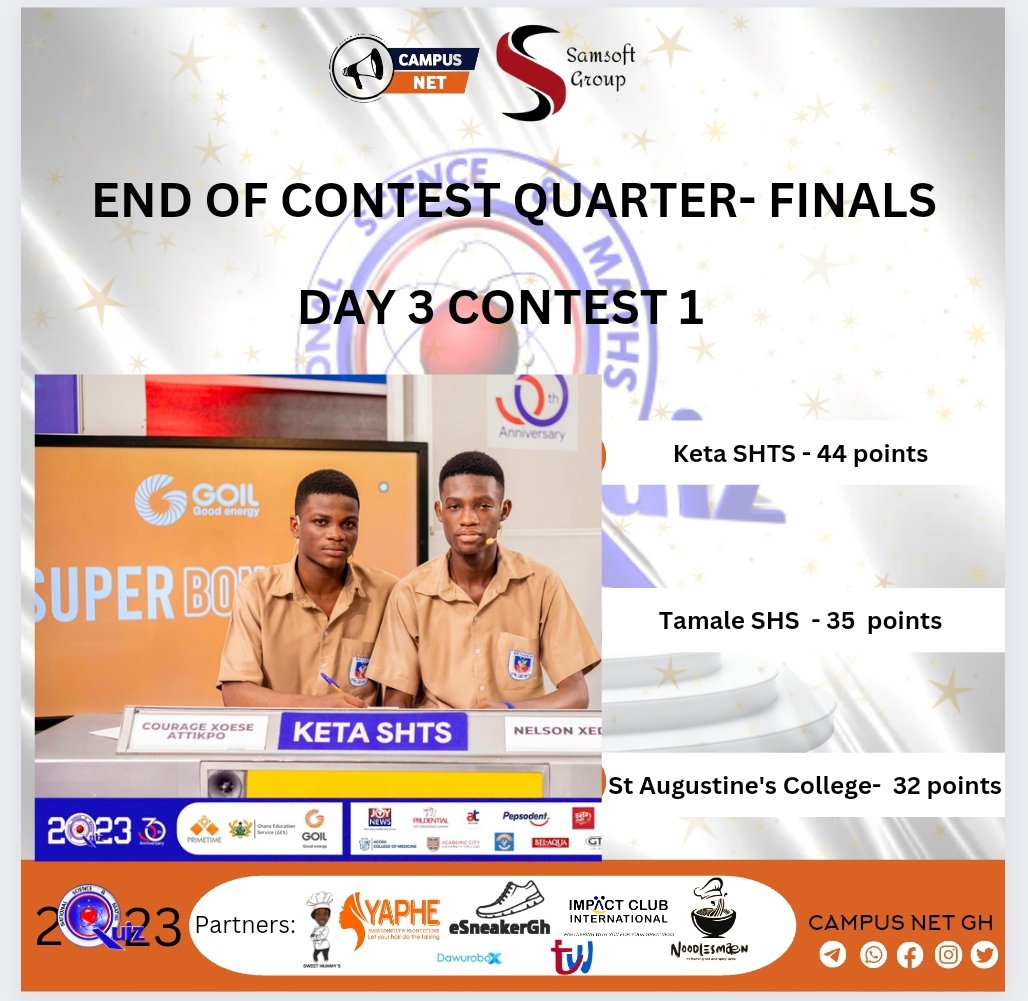 CampusNetGH's tweet photo. Keta SHTS makes their way through to the semifinals after beating Tamale SHS and AUGUSCO.

#CampusNetGH🇬🇭 #NSMQQuarters #NSMQODDS2023 #NSMQ2023 https://t.co/LP5FiDKyMN