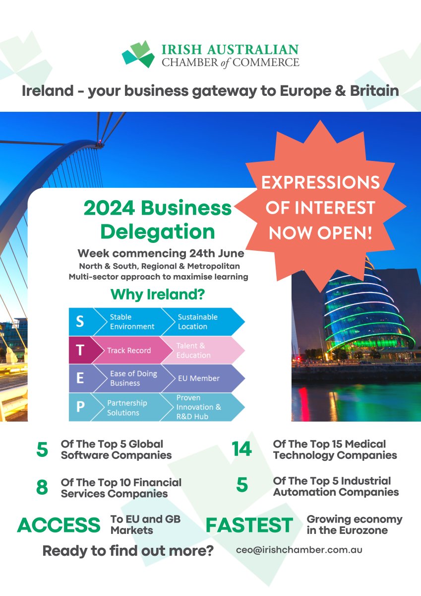 Book those flights, we’ve set the date! Expressions of interest are now open for the 2024 <a href="/IrishChamber/">IrishChamber</a> business delegation to Ireland.