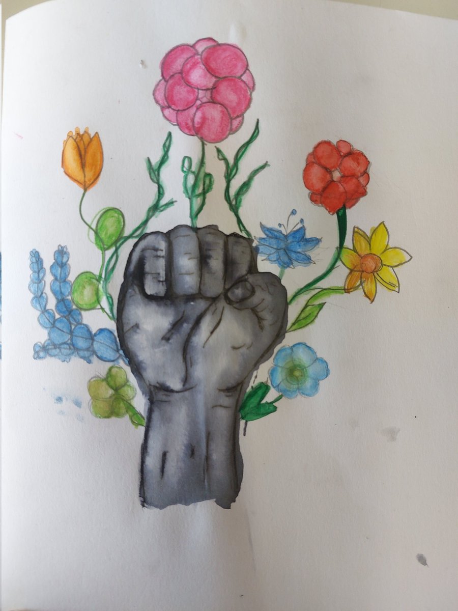 MissSwiderska's tweet photo. Some lovely creative outcomes coming along with our #BlackLivesMatter    anti-racism fists! Some lovely compositions with stylised flowers and colour using aqua pencil! Students received art star awards for their great work today ✨️ #AntiRacism #BLM #ArtAndDesign #KS3 https://t.co/ggsDv75NOW