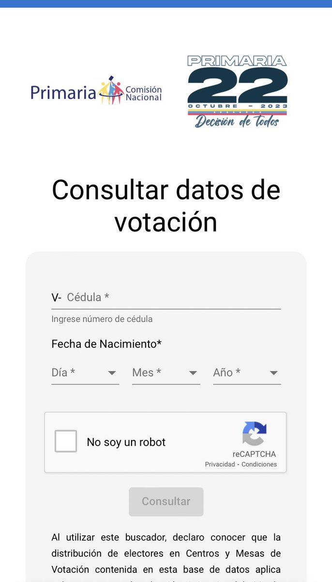 Este es el buscador oficial de la Elección Primaria ⬇️⬇️⬇️

buscadorprimaria2023.com

Consulta aquí ⬆️⬆️⬆️ dónde te corresponde votar el próximo 22 de octubre.

Si no puedes ingresar, usa este enlace 👇🏼👇🏼👇🏼

t.ly/oQkNq

¡Comparte para que otros también se enteren!