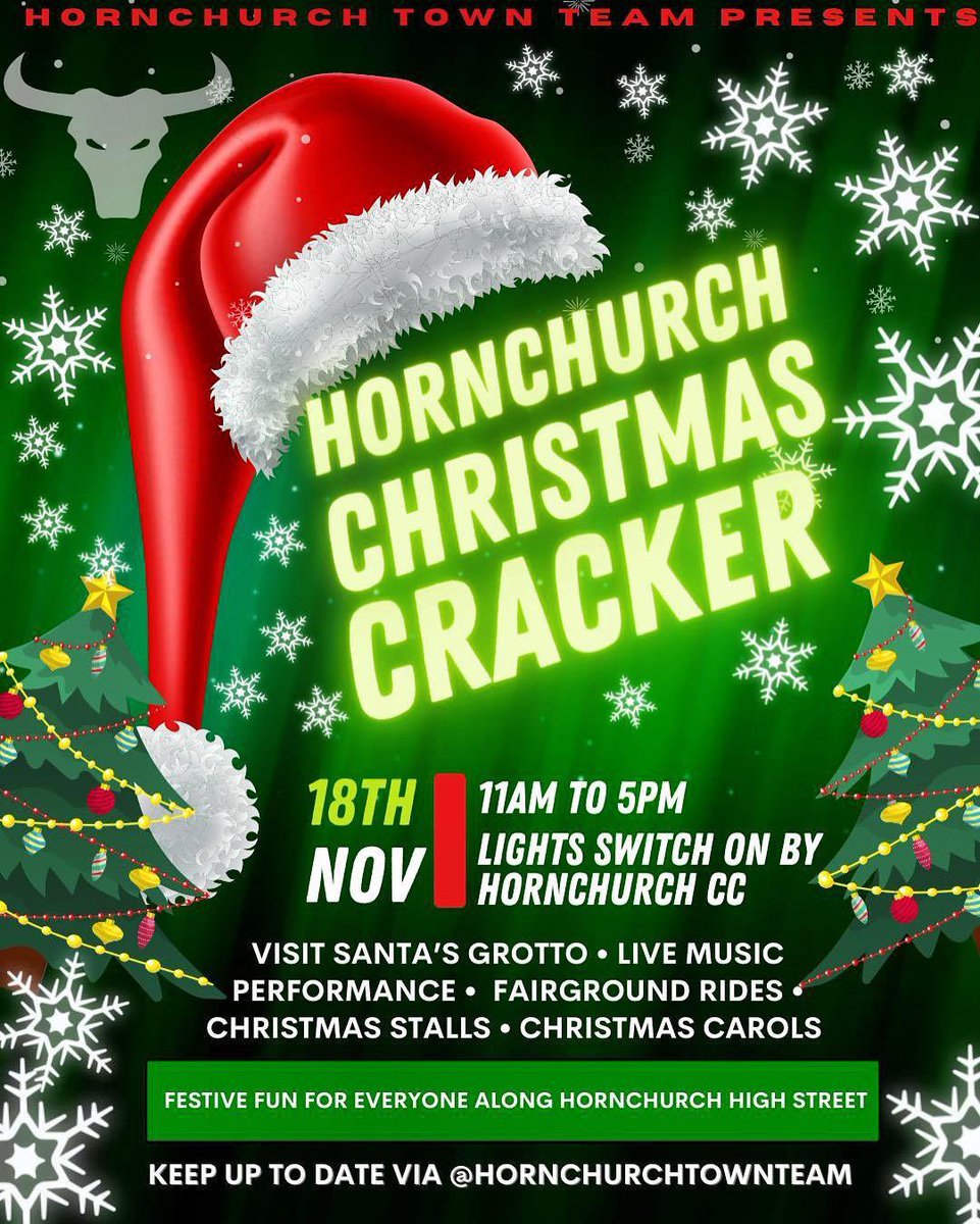 Hornchurch Christmas Cracker 🎅🏽🎄🎄
Saturday 18th November 
Visit Santa, Children’s Rides, Stalls, DJ’s, Treasure Hunt, Games &amp; lots more! 🎅🏽🎉🎄
Starts at 11am and the tree will be lit a 5pm 🎄
Save the date and come join the fun 🎅🏽🎄🎄#hornchurch #Christmas