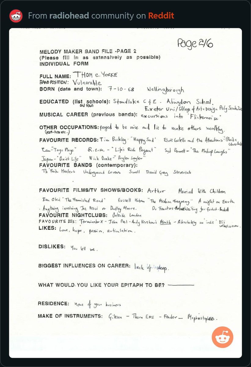 Via Reddit. @thomyorke ’s handwritten answers to Melody Maker Band File - Fall 1993 reddit.com/r/radiohead/s/…