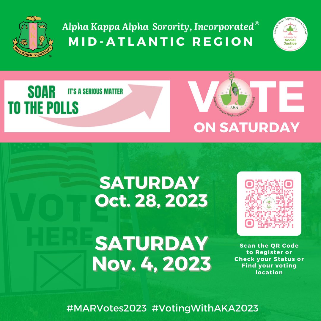 In Virginia, voter registration offices open for early voting Saturday, October 28, 2023. The last day for early in-person voting is Saturday, November 4, 2023 at 5:00PM.  Your Vote Matters! Visit our link in bio to find your local voter registration office. #VotingWithAKA2023