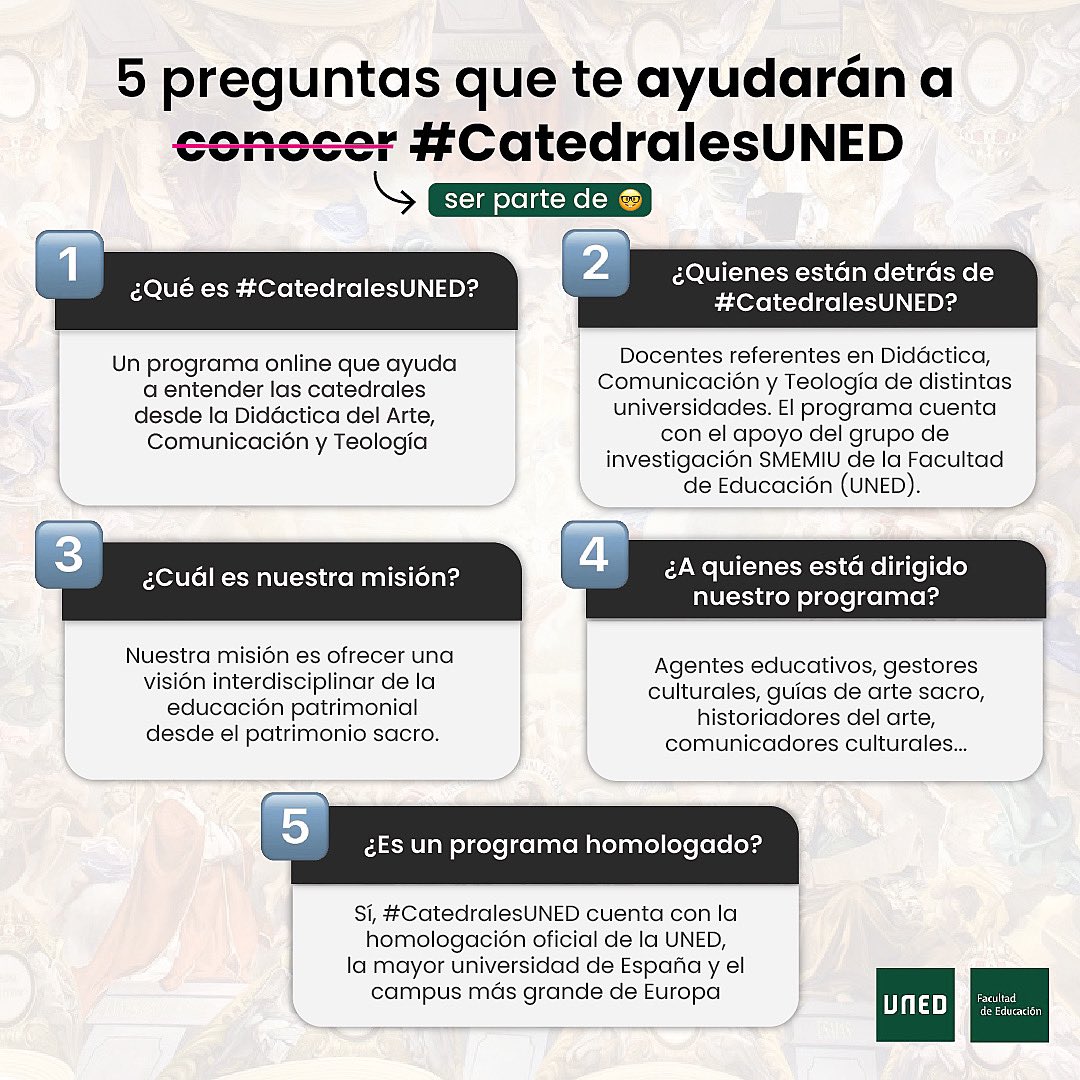 Matricúlate en #CatedralesUned #MasterCatedrales 🤩 ¡Calidad máxima! 

👉🏻Un programa de <a href="/EducacionUNED/">Facultad de Educación de la UNED</a> que busca el estudio de la Catedral desde la Didáctica del Arte, Comunicación y Teología. 

mastercatedralesuned.com