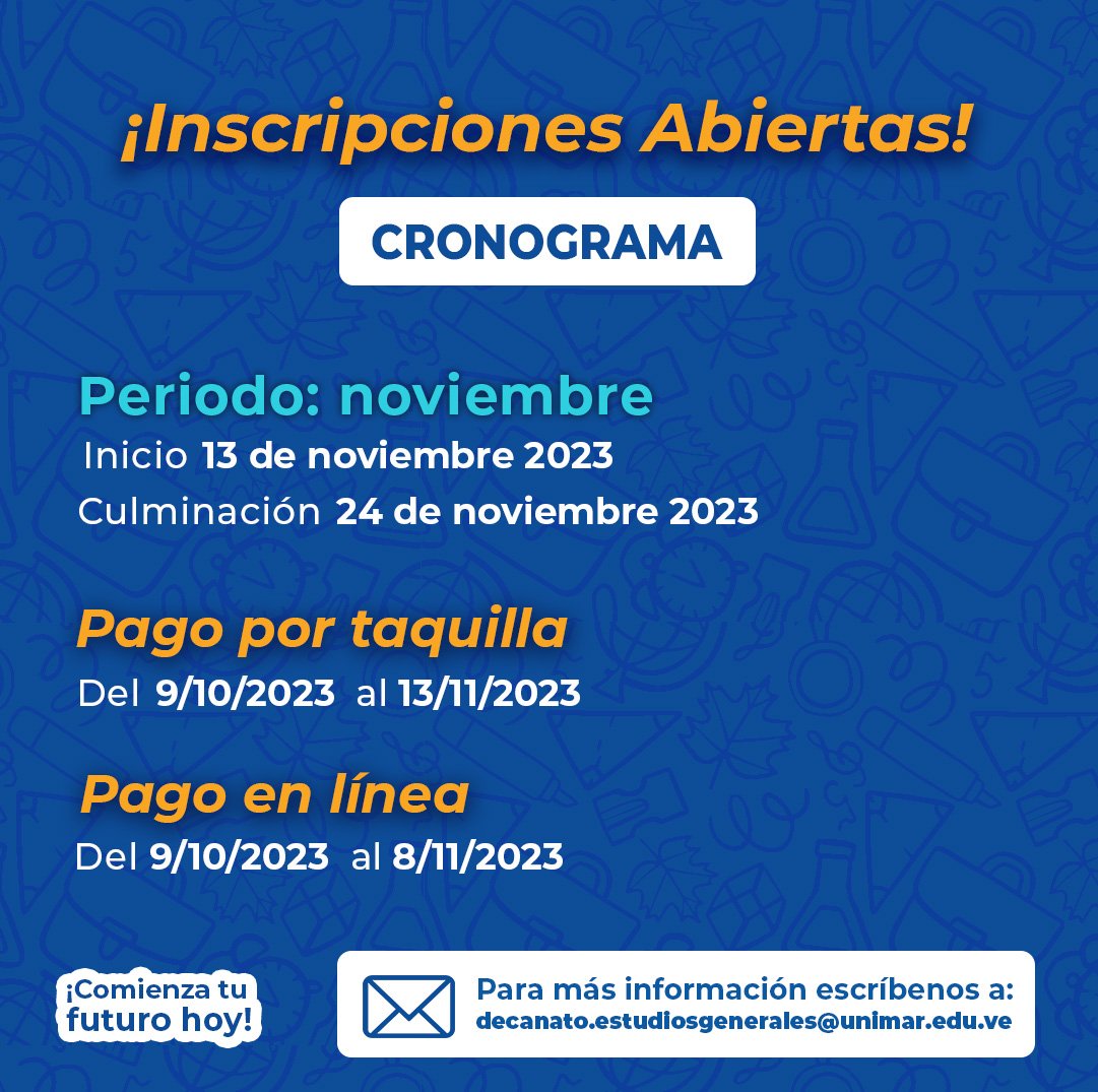 somosunimar's tweet photo. Inscripciones abiertas para los próximos cursos introductorios que se realizarán durante el trimestre sept-dic de 2023:
el 1ro comienza el #30deOct y culmina el #10deNov, 
y el 2do comienza el #13deNov y culmina el #24deNov
➕ información: decanato.estudiosgenerales@unimar.edu.ve https://t.co/ZP6cxpZuHR