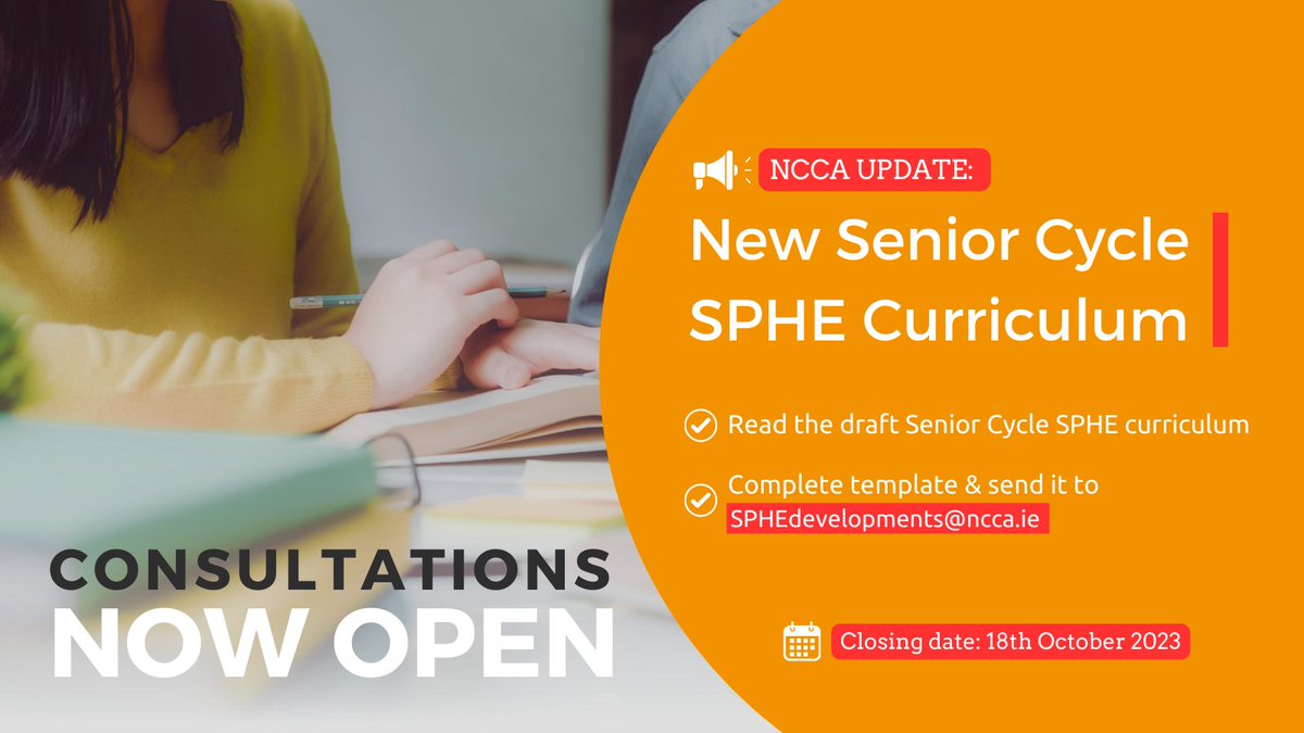 📢 Calling all education advocates! The draft Senior Cycle SPHE curriculum consultation is open until October 18th. Share your feedback by completing the template (link below) and sending it to SPHEdevelopments@ncca.ie ncca.ie/en/resources/d… #GCE #curriculum #EducationMatters