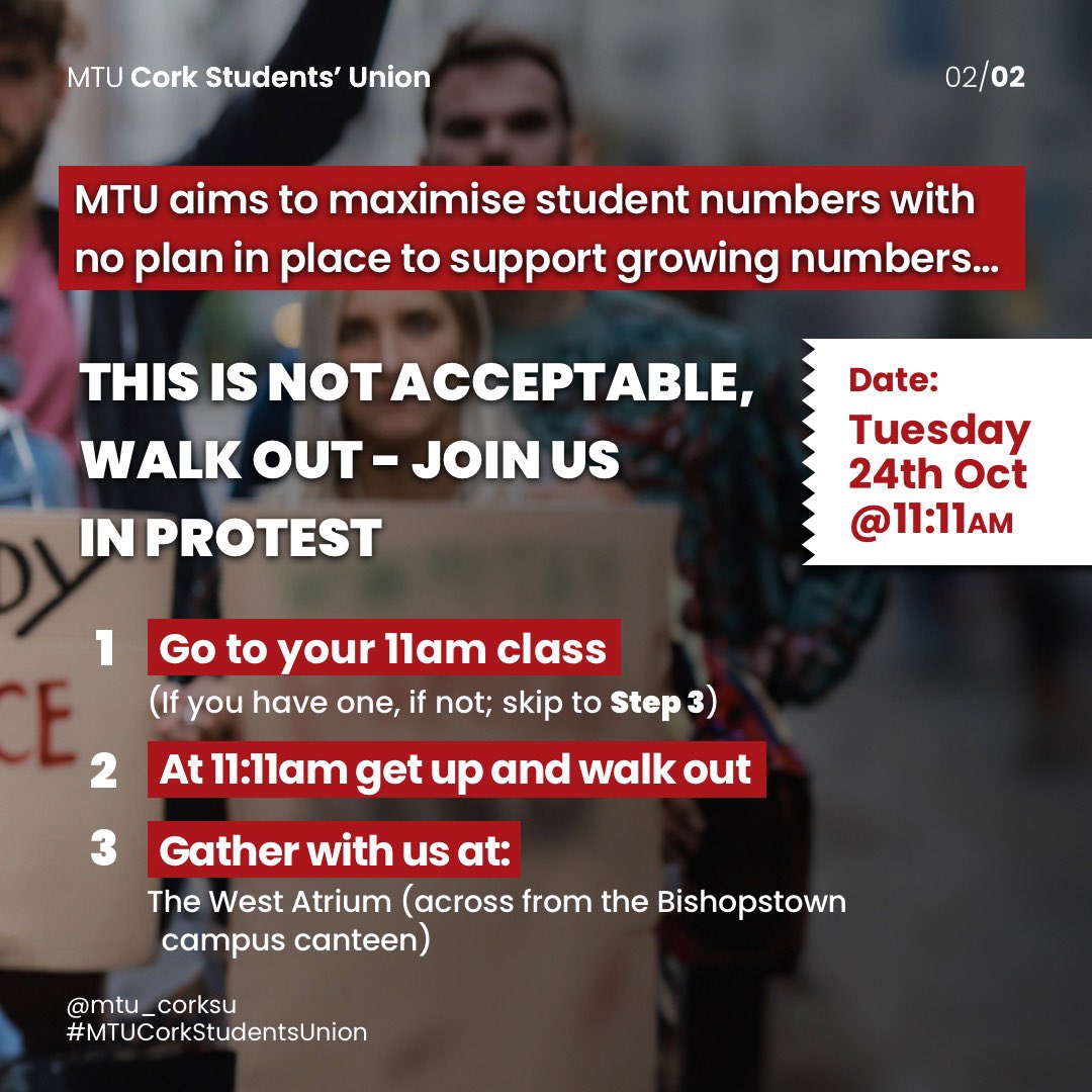 MTU Cork SU - Aontas Na Mac Léinn MTU Corcaigh (@mtu_corksu) on Twitter photo <a href="/MTU_ie/">Munster Technological University</a> - It’s time to start listening
MTU is focused on maximising recruitment of students with no plan in place to support growing numbers.
The infrastructure isn’t in place to support an even 'adequate' student experience due to overcrowding.
#MTUStudentsDemandRespect <a href="/MTU_ie/">Munster Technological University</a> - It’s time to start listening
MTU is focused on maximising recruitment of students with no plan in place to support growing numbers.
The infrastructure isn’t in place to support an even 'adequate' student experience due to overcrowding.
#MTUStudentsDemandRespect