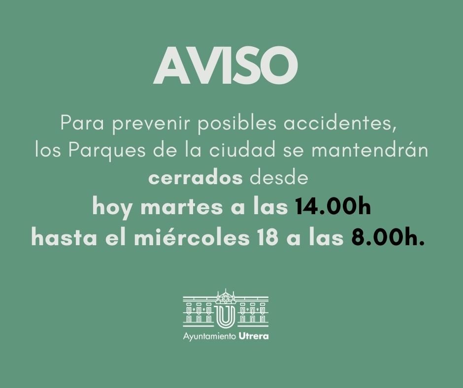 CiudadUtrera's tweet photo. ‼️ AVISO ‼️
🌬️Desde hoy martes 17 a las 14:00h, hasta mañana miércoles 18 de octubre a las 08:00h estarán cerrados los Parques de Utrera por motivos de los fuertes vientos, que llegarán a los 35-40kms/h en el día de hoy y mañana. 
Iremos informando 🤳🏻 https://t.co/47rRmiZSEC