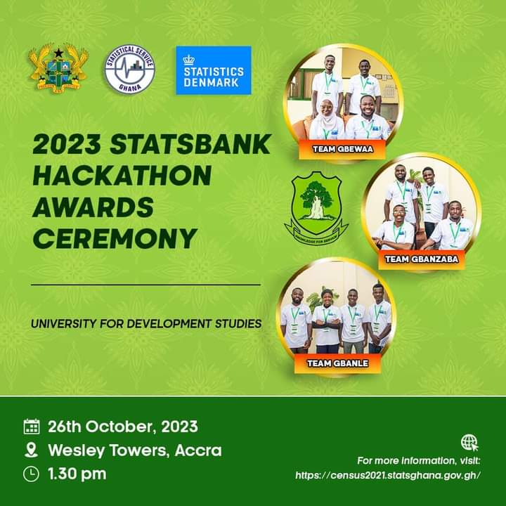 Introducing the teams representing the  University for Development Studies - UDS  for the 2023 Statsbank Hackathon🏆 

📣 Let's Support our #Developers on October 26th, 2023, 1:30 PM at Wesley Towers.

#StatsBankHackathon2023