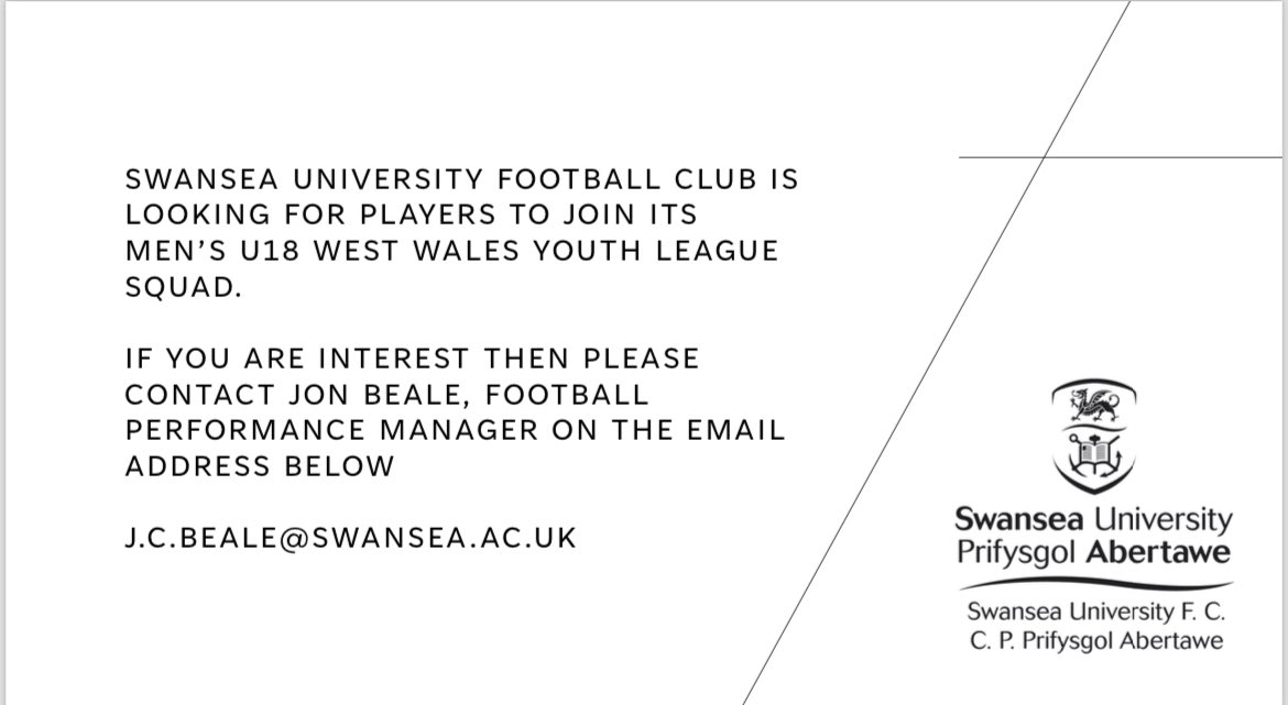 PureSwanseaFC's tweet photo. ‼️ ATTENTION ‼️

Swansea University FC are in search for U18 players to compete in the West Wales Youth League! 

If you are interested, contact Jon Beale, Performance Manager at : j.c.beale@swansea.ac.uk

#SwanseaUni #GreenArmy 💚 https://t.co/kxFKZK7HSD