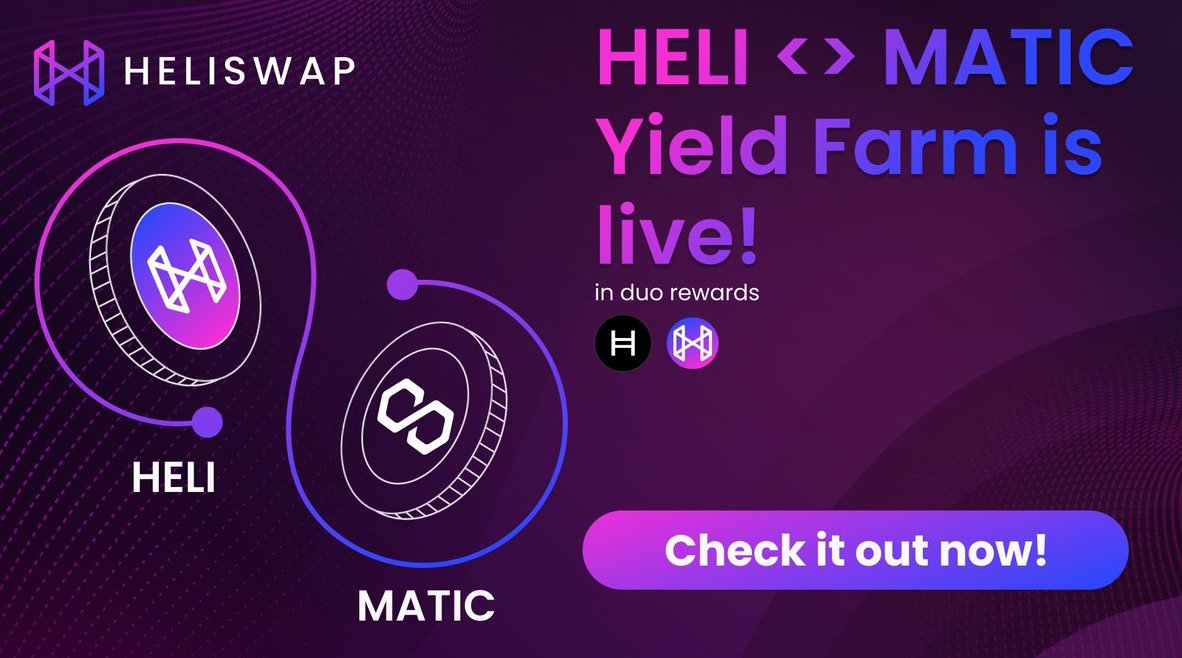 Dear HeliSwap community, 

Our HELI <> MATIC Yield Farm is now live.❤️

Don't miss out on this opportunity to check out our latest Yield Farm. 🚁

app.heliswap.io/farms/0x296426…