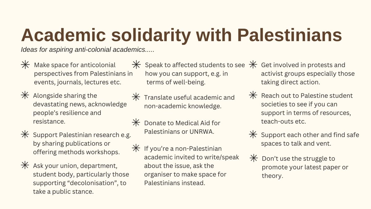 As an aspiring anti-colonial academic, I've been thinking about how I can show practical solidarity with Palestinians. The image shows my list of aspirations. I haven't managed even half of this, but I hope there are some useful ideas that can inspire and challenge.