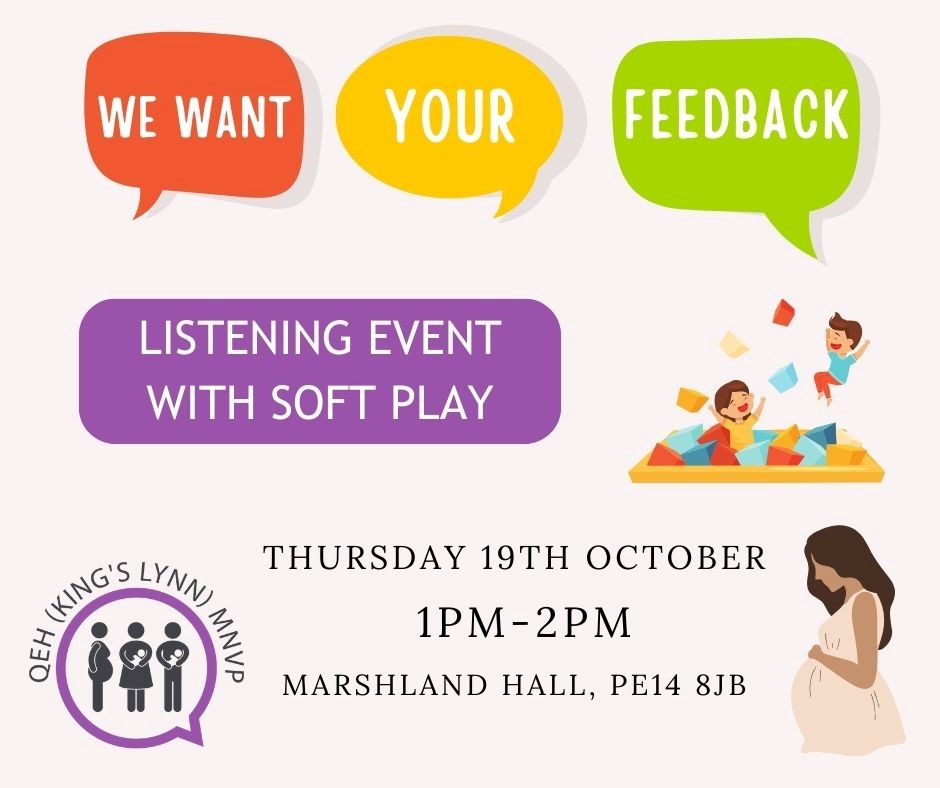 Team QEH Maternity π (@qehmaternity) on Twitter photo Have you used our maternity services at the QEH Kings Lynn?
Come along to tell us what was good or what could be improved. We need your feedback.
Thursday 19 October
1pm-2pm
Marshland Hall, PE14 8JB
For any further details, please contact MNVP.team@qehkl.nhs.uk
Thank you. Have you used our maternity services at the QEH Kings Lynn?
Come along to tell us what was good or what could be improved. We need your feedback.
Thursday 19 October
1pm-2pm
Marshland Hall, PE14 8JB
For any further details, please contact MNVP.team@qehkl.nhs.uk
Thank you.