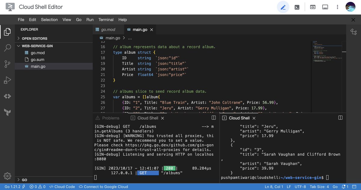 PushpamTiwari's tweet photo. created micro services with #Go #Gin and #GoogleCloud  #100DaysOfCode https://t.co/TgQBk9liXR