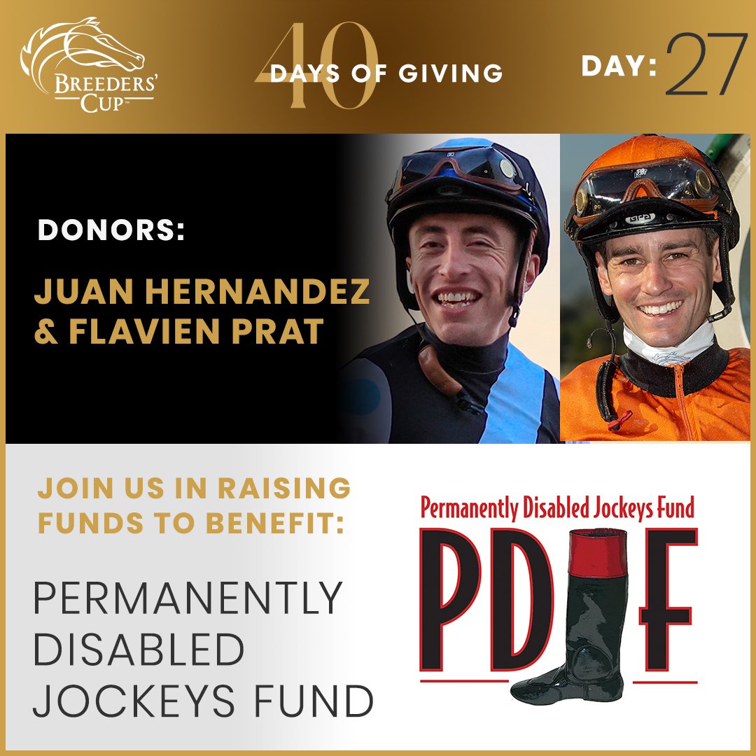 Today’s the day! Please join @JJHernandezS19 & Flavien Prat in supporting our charity in honor of @BreedersCup 40 days of giving, as we lead up to the 40th running of the Breeders Cup at @santaanitapark Help us reach our $1,000 match goal by donating at breederscup.com/giving