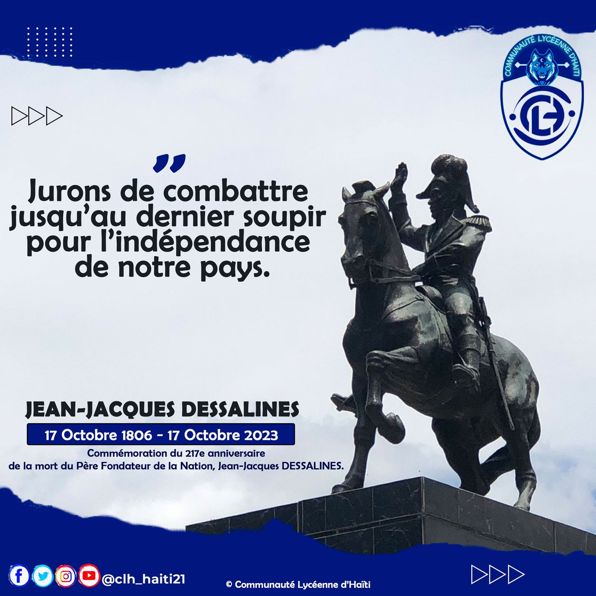 clh_haiti21's tweet photo. 17 Octobre 1806 - 17 Octobre 2023: Commémoration du 217e anniversaire de la mort du Père fondateur de la Nation, Jean-Jacques Dessalines. 🕊🇭🇹
#Dessalines #Hommage #217e #Haïti #Empereur #JacquesPremier #Jacques1er https://t.co/BcVzNu3Df0