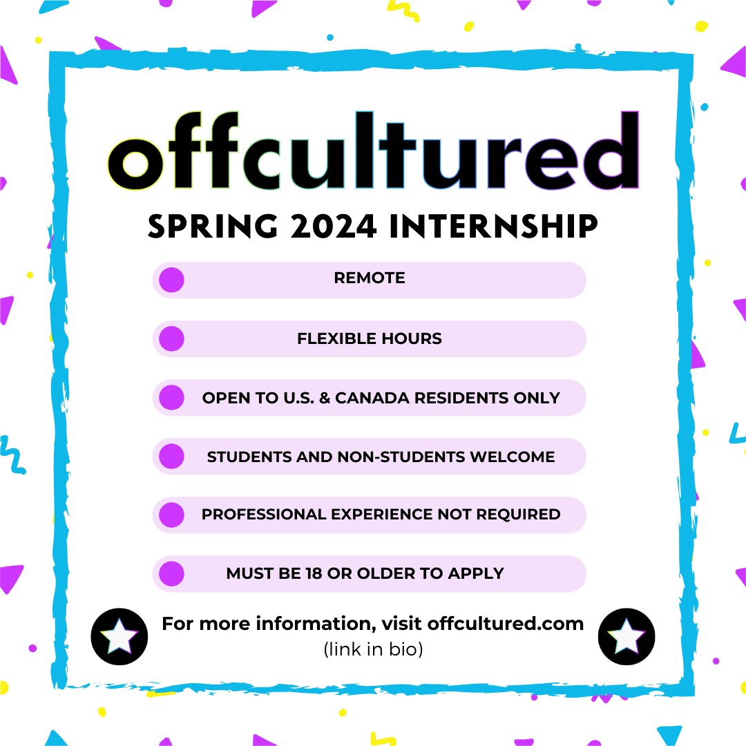 Hey y'all! Here's some news: We're looking for editorial, social media, and graphic design interns! 🎉 

The program is remote with flexible hours. Unpaid at this time. Professional experience is not required. For complete internship info, visit: offcultured.com/internship 🌟