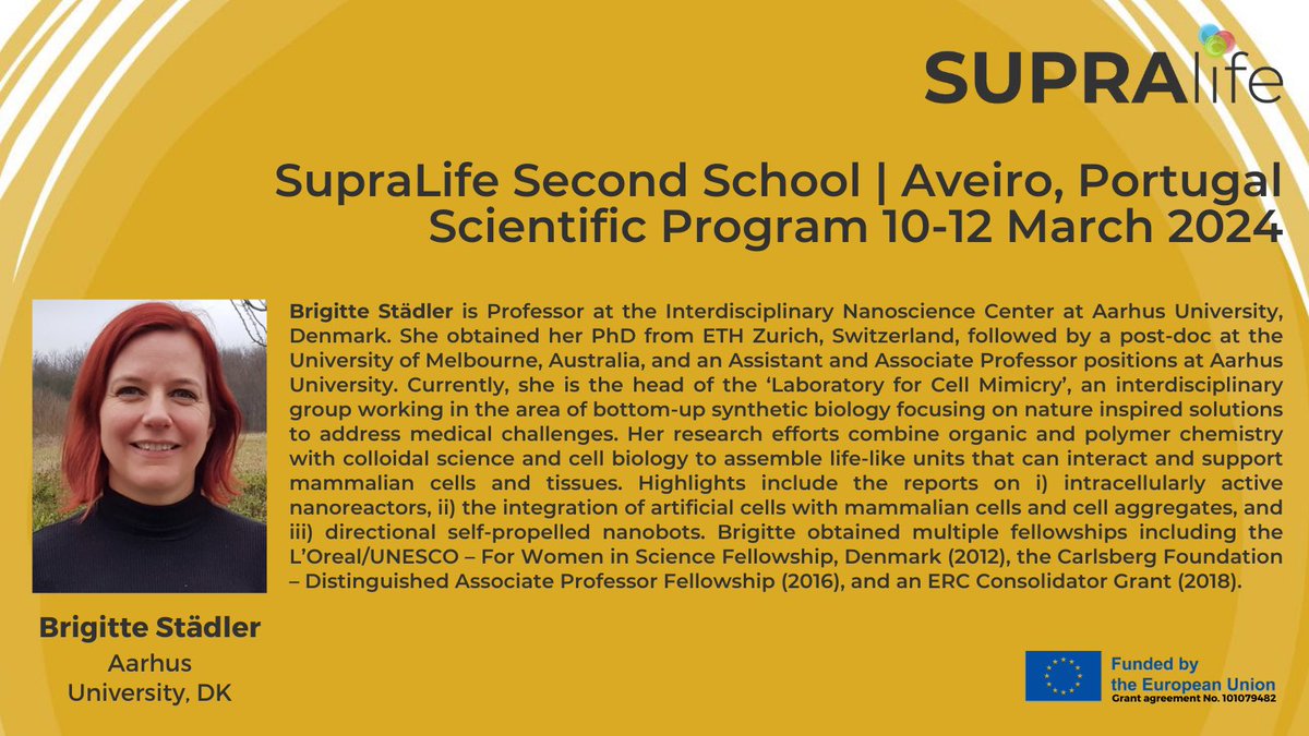 🗣️ Brigitte Stadler, Prof. & Head of #CellMimicry lab @iNANO_AarhusUni @AarhusUni 🇩🇰 is a plenary speaker @#SupraLife #SecondSchool! 🤩 ➡️ Brigitte is an expert on the assembly of #life-like units & will talk about #artificial #cells & their interaction with mammalian cells! 👌