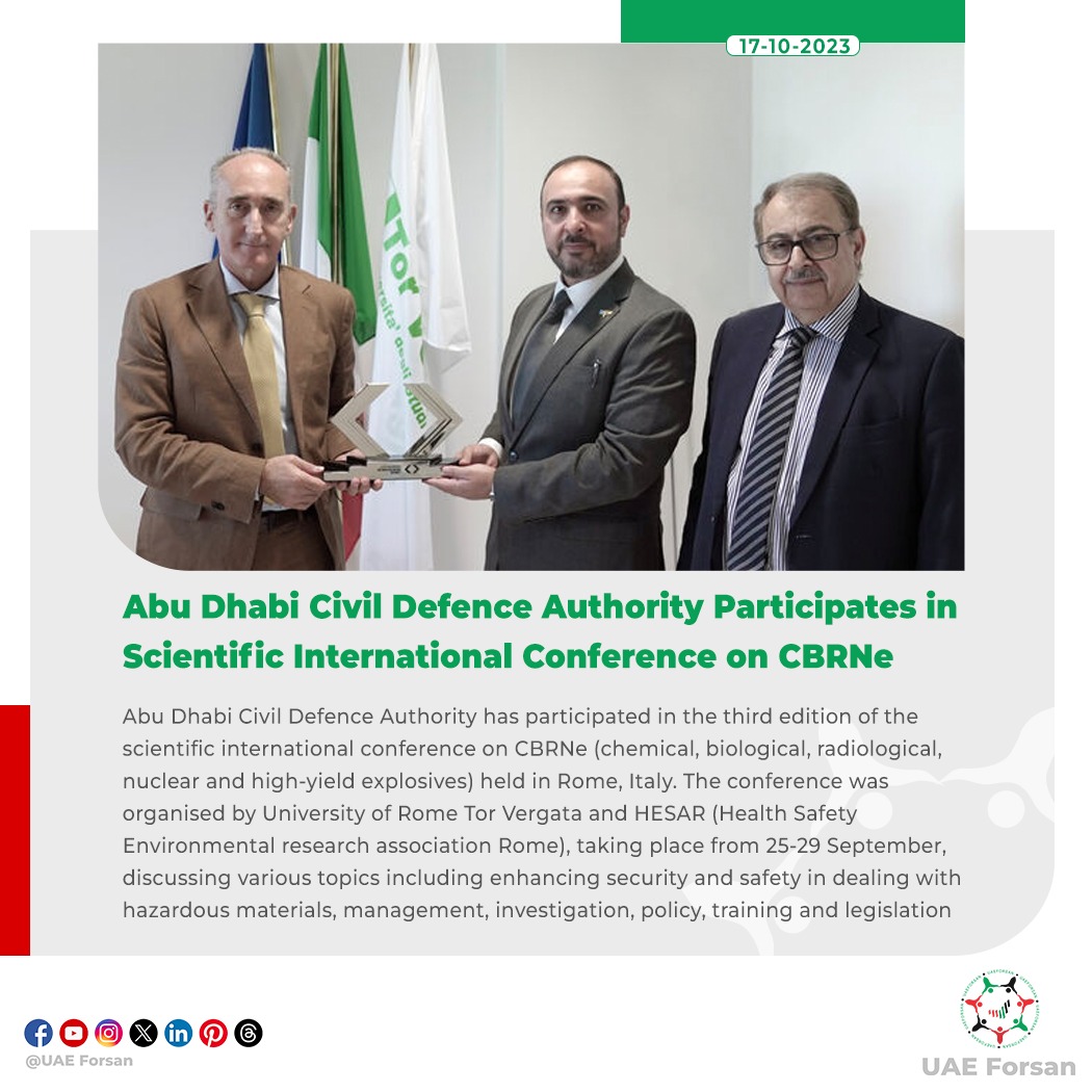 Abu Dhabi Civil Defence Authority Participates in Scientific International Conference on CBRNe
#GlobalChemCongress #AbuDhabi #UAE 
@CivilDefenceAD
@INTERPOL_CBRNE
@unitorvergata