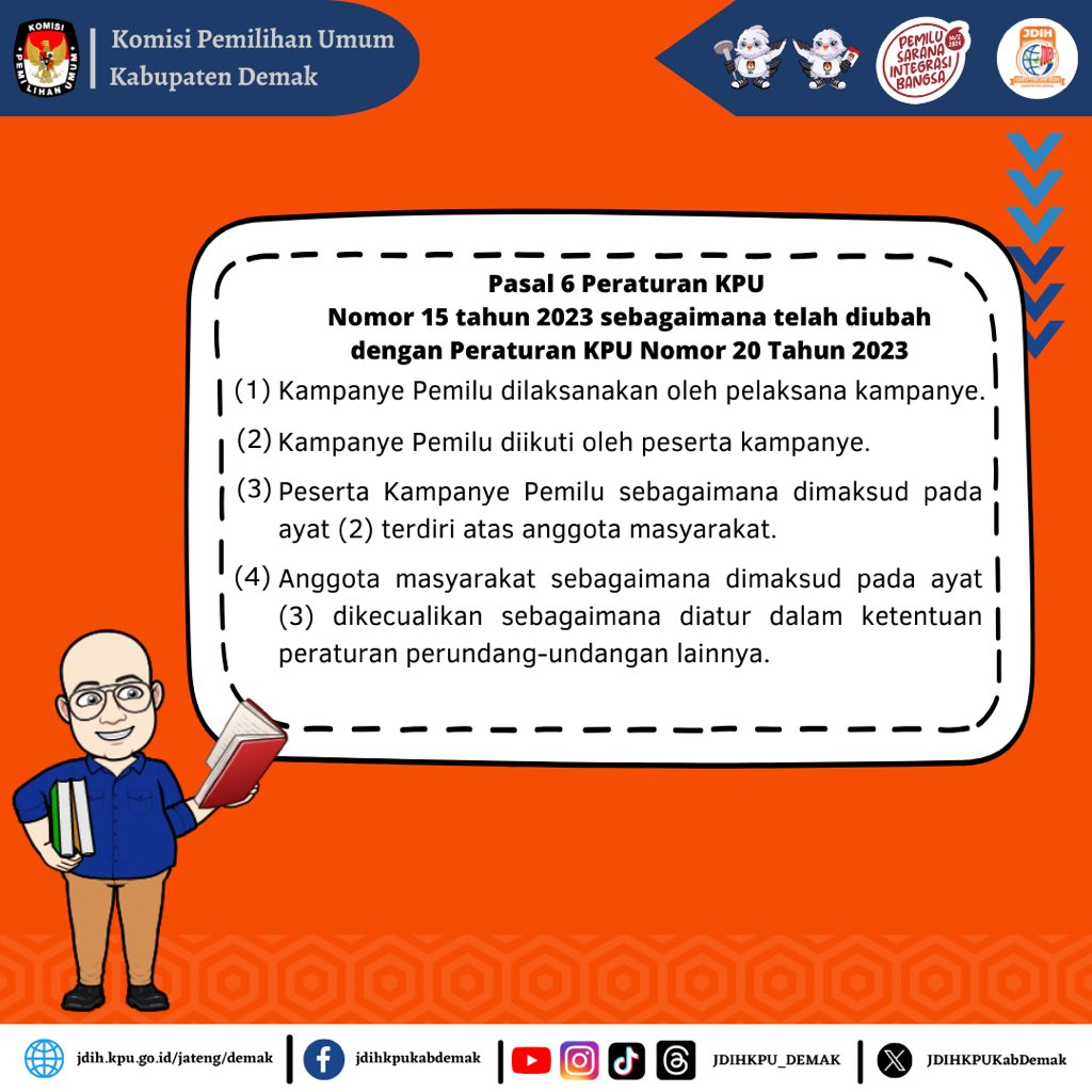 JDIHKPUKabDemak's tweet photo. Hai sobat JDIH
Bertemu lagi dalam rubrik Pasal per Pasal
Kali ini Ko min mau bahas Pasal yang memuat ketentuan mengenai pelaksanaan kampanye pemilu 2024. Simak postingan Ko min yaa https://t.co/J0cB1D3iDy