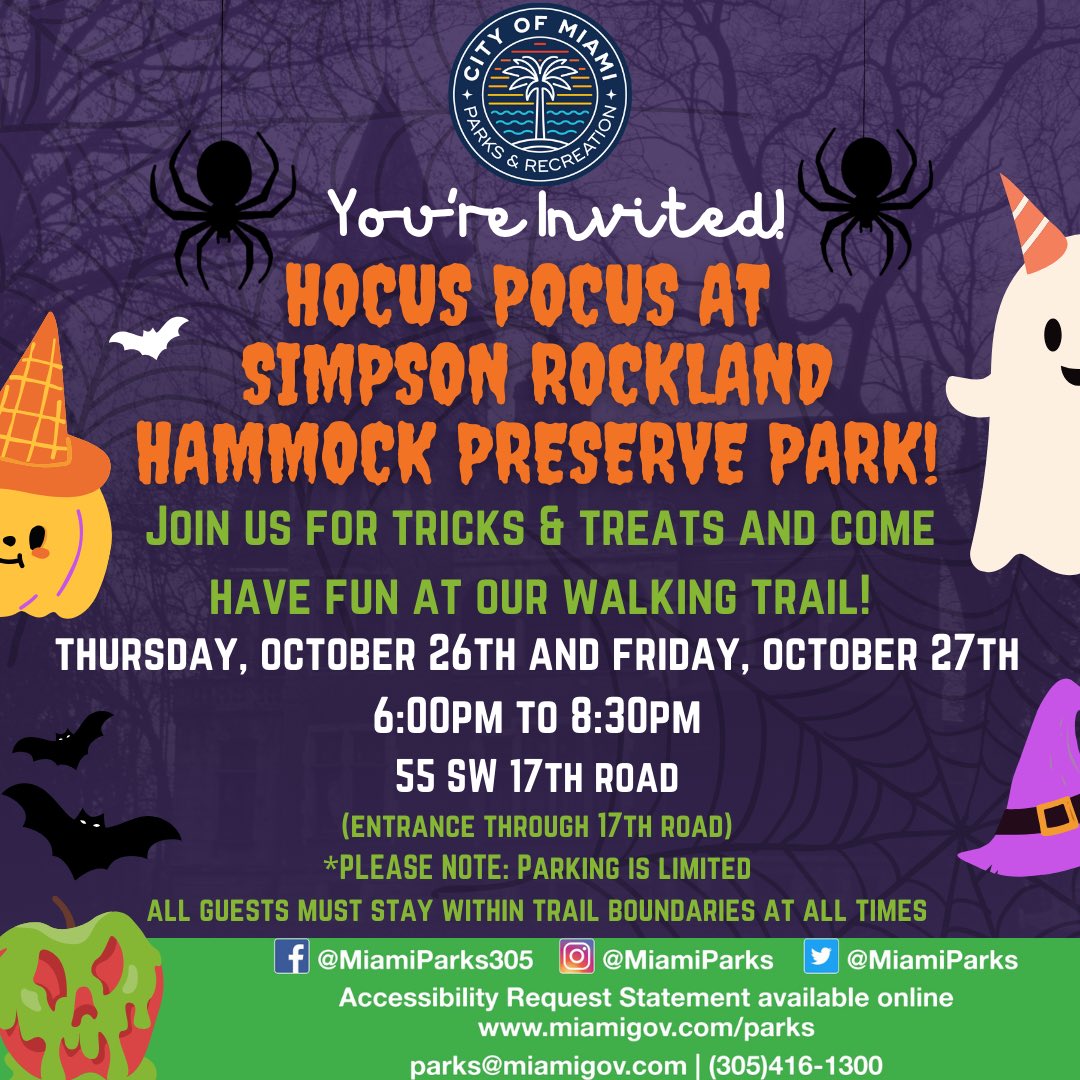 miamiparks's tweet photo. Get your costumes ready because youโre invited to join #MiamiParks for our #Halloween #HocusPocus celebration at #SimpsonPark!
Additional information on the flyer! ๐
#MiamiParks #CityofMiami #Miami #Parks #Recreation #ThingsToDoinMiami https://t.co/sCqkbfGXfC