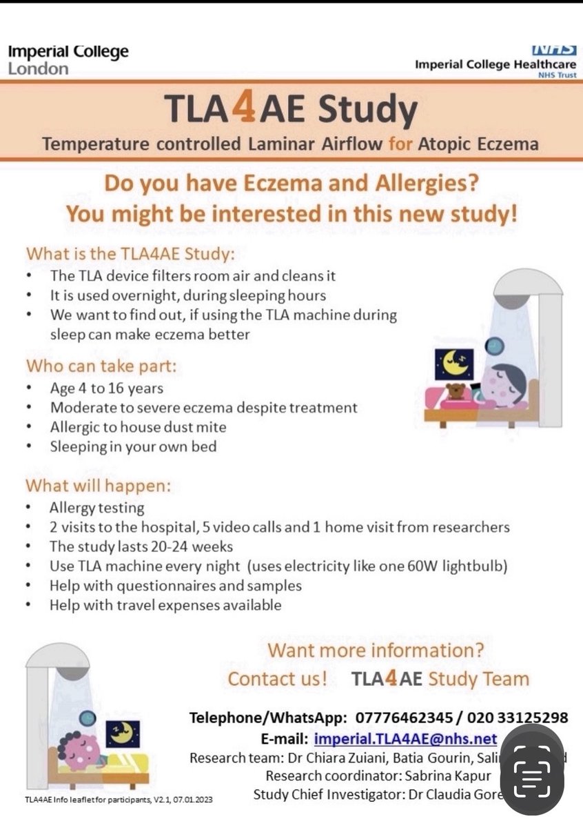 The TLA4AE study investigates if using an air filter machine during sleep can make eczema better in children aged 4-16 with severe eczema and suffering from house dust mite allergy. DM or contact imperial.tla4ae@nhs.net or 07776462345 #eczema #paediatriceczema <a href="/tlastudy/">TLA 4AE Paediatric Eczema study</a>