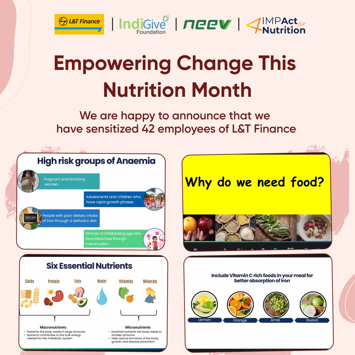 IndiGive team is happy to implement IMPAct4Nutrition's Employee Wellbeing Program: Test - Treat - Talk Anaemia where we sensitized 42 employees of L&amp;T Finance.  

Thank you L&amp;T Finance team for your support throughout.

#poshanmaah2023  #letstalkanemia #impact4nutrition