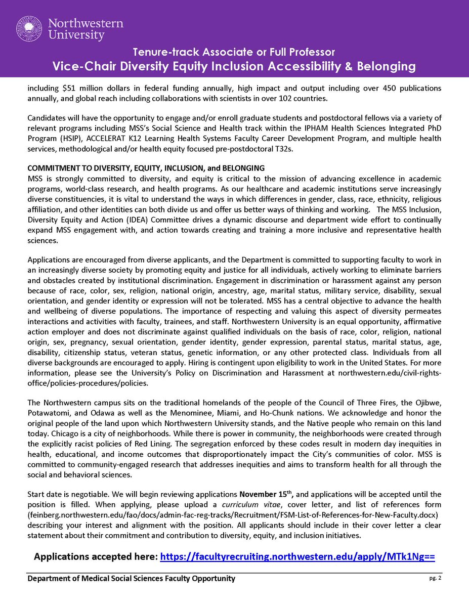 We @MSSatNU are recruiting an inaugural Vice Chair for Diversity, Equity, Inclusion, Accessibility and Belonging. We could not be more excited! Come join our incredible @NUFeinbergMed community and help us advance health equity! facultyrecruiting.northwestern.edu/apply/MTk1Ng==