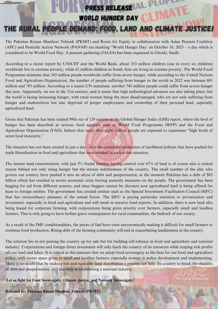 ROOTS_PKMT's tweet photo. PKMT Press Release on World Hunger Day 2023
#StandWithPeasants #OurFoodSystems #ForwardTheFuture https://t.co/L25JRgDEiY