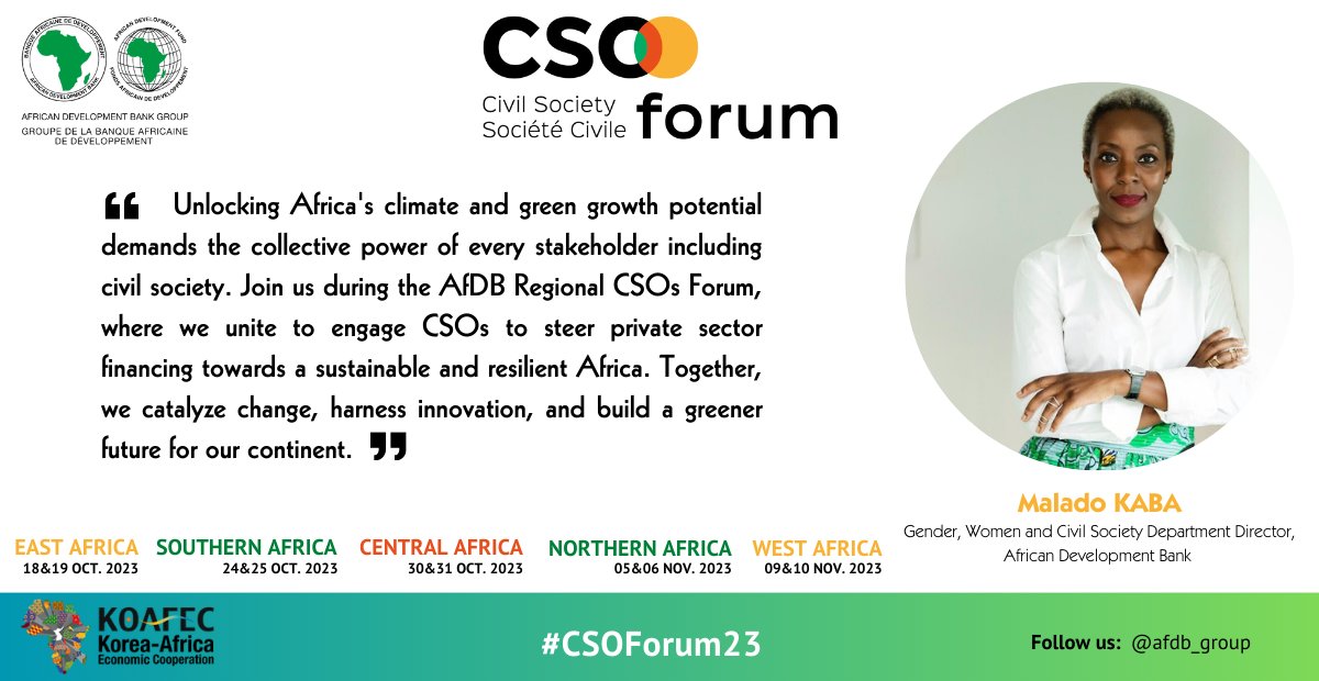 AfDB_Group's tweet photo. How can African countries get more private investment in #climate resilience and green growth? The #CSOForum23, 18-19 October, will look at ways to encourage investments in #renewableenergy and sustainability.

🔗 Info: https://t.co/IM8imE1V2W #CSOFourm #KOAFEC https://t.co/6bn3QxA1wk