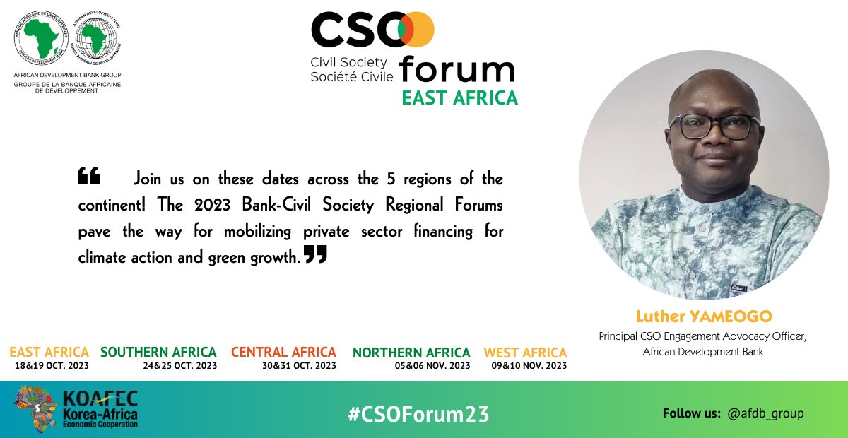AfDB_Group's tweet photo. How can African countries get more private investment in #climate resilience and green growth? The #CSOForum23, 18-19 October, will look at ways to encourage investments in #renewableenergy and sustainability.

🔗 Info: https://t.co/IM8imE1V2W #CSOFourm #KOAFEC https://t.co/6bn3QxA1wk