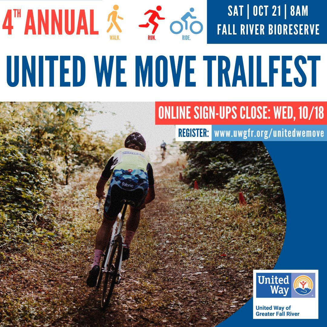 Last call for online registrations for the 4th Annual #UnitedWeMove Trailfest! Online sign-ups close tomorrow (10/18) at 11:59pm, but day-of registrations WILL be available. Grab your spot here: buff.ly/490zZse #fest #healthyhabits #getoutside #5K #trailrace