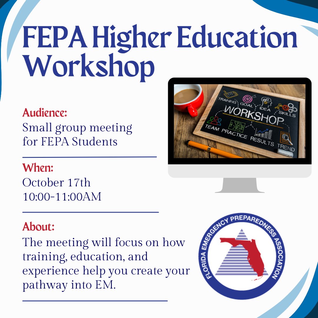 Today is the day! 
Don't forget FEPA Students

The Higher Education Committee is hosting a small workshop just for you! 

Learn all about training, education and how to build a career in EM

Register here: 
us06web.zoom.us/meeting/regist…