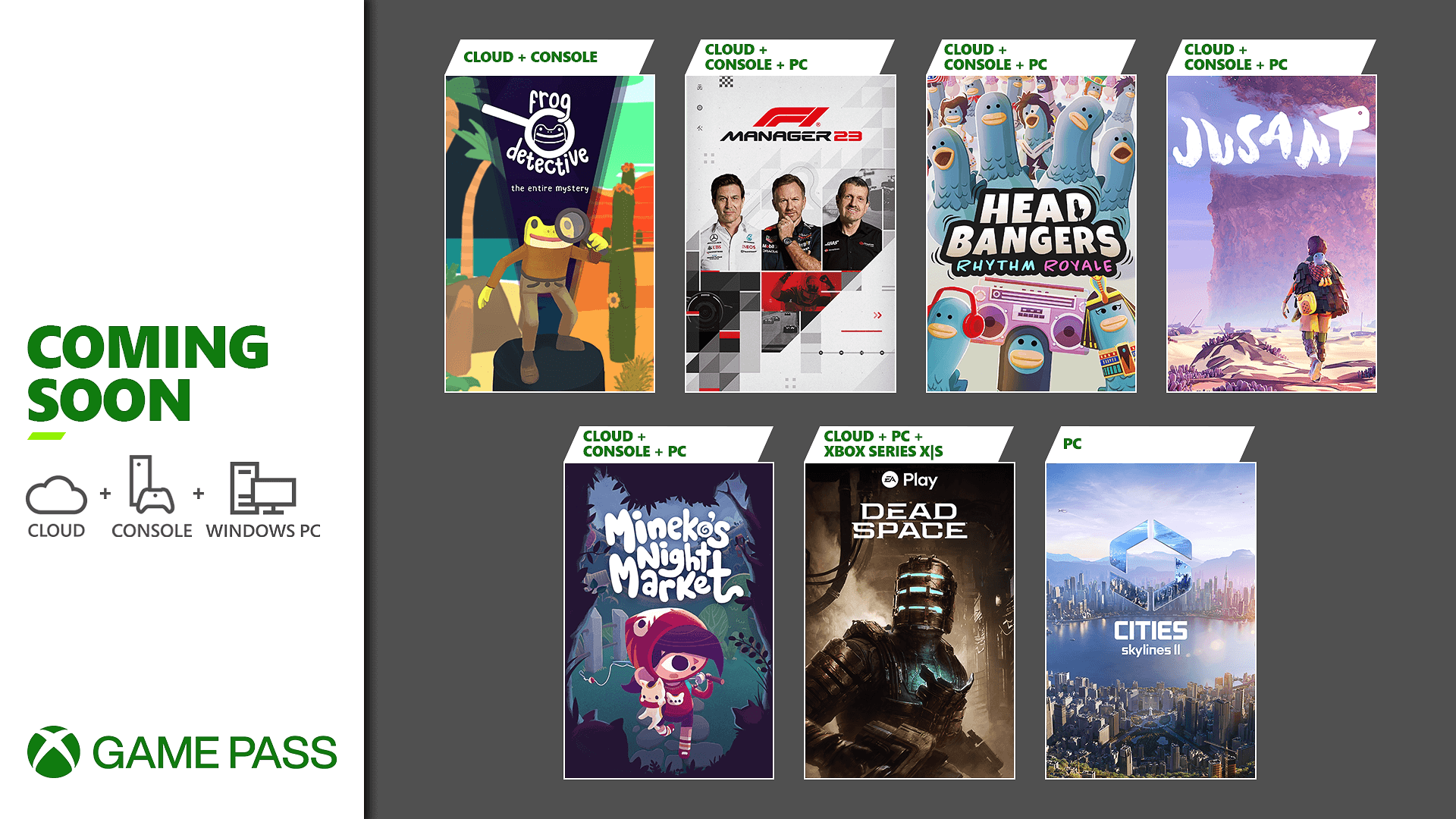 Frog Detective: The Entire Mystery, F1 Manager 23, Head Bangers: Rhythm Royale, Jusant, Mineko's Night Market, Dead Space, and Cities Skylines II are coming soon to Xbox Game Pass.