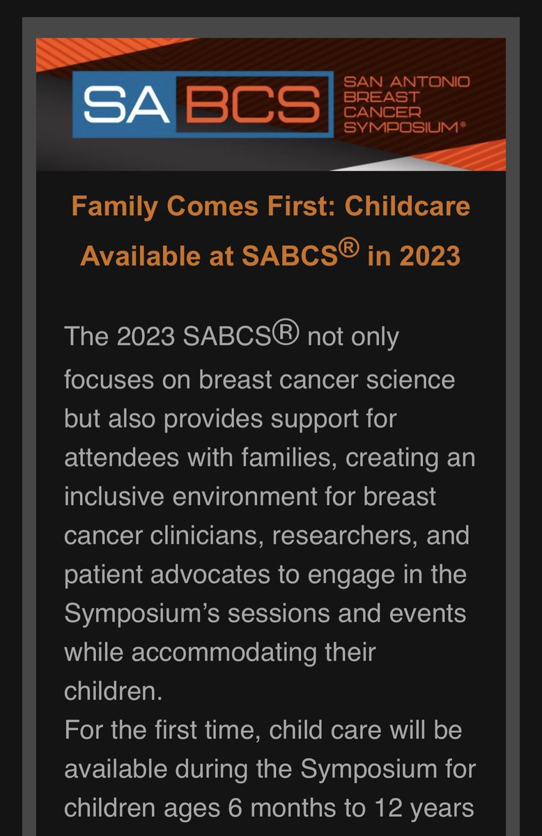 DrSGraff's tweet photo. Thrilled to see an email from @SABCSSanAntonio announcing the addition of childcare for those who need it! 👏🏻 #SABCS23

Learn more: https://t.co/kLkHZ4PxBE https://t.co/ZmN8hZFli2