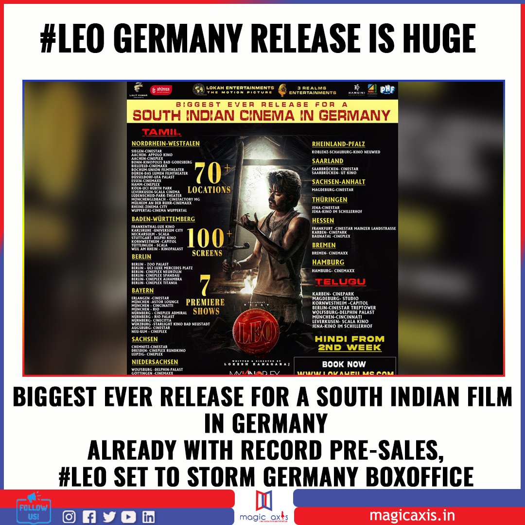 Biggest Ever Release for a South Indian Cinema in Germany #LeofromOct19 - 70+ Locations -100+ Screens - 7 Premier Shows @4SeasonCreation @ahimsafilms @Hamsinient @PharsFilm @OverseasTamil @Southwoodoffl @deepa_iyer_ @actorvijay @Dir_Lokesh @JaseelMhd_GOAT @AbGeorge_ @FilmsLokah
