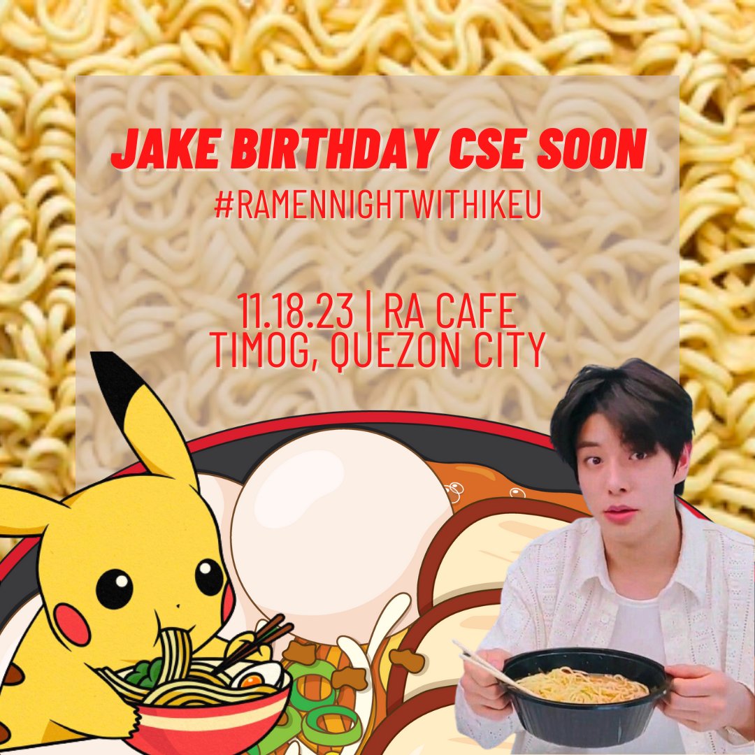 ramenwithikeu's tweet photo. Spend Ikeu’s day with a hot bowl of ramen alongside with his favorite sidekick Pikachu on November 18, 2023 at RA Cafe, Timog, Quezon City!

Php 260 for every kit 💛

ONLY 10 SLOTS AVAILABLE! 

Sign up here now 👉🏻 https://t.co/2Fos7TvIIo https://t.co/F0ZO4EVIT3