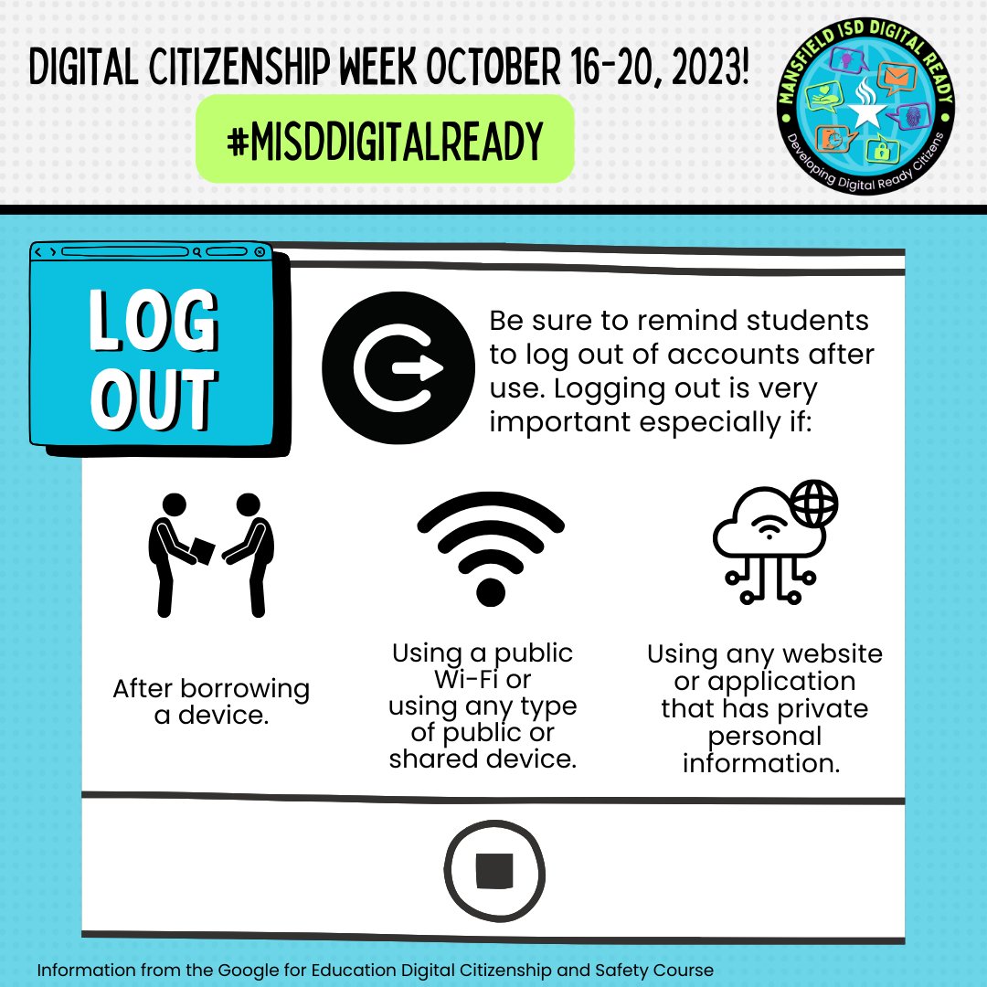 Day 2 of our digital journey! 🔒 Today, we're highlighting the significance of logging out. Just like securing your physical space, it's crucial to protect your virtual world too. Let's make logging out our digital power move! 🌐 #MISDDigitalReady #DigitalCitizenshipWeek 🗝️