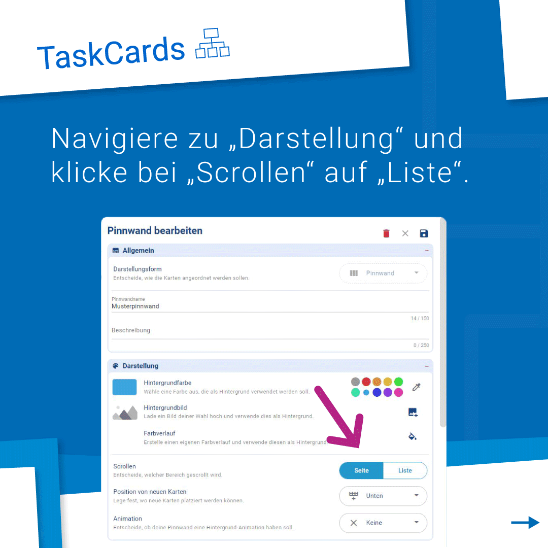 TaskCards_'s tweet photo. Du kannst die Spaltentitel in deiner #Pinnwand fixieren!

1. Gehe in die Einstellungen.
2. Navigiere zu „Darstellung“, klicke bei „Scrollen“ auf „Liste“.
3. Nun erscheint „Listen-Titel“. Dieser muss auf „Fixiert“ gestellt werden.

Link zum #Tutorial in der Bio!

#twlz #taskcards https://t.co/unaWfNl3Mh