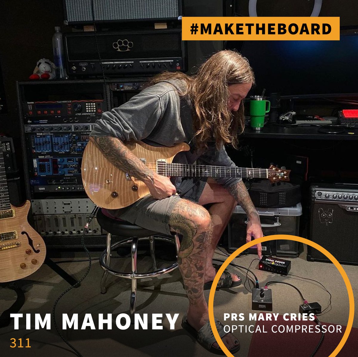 Tim Mahoney of 311 with his PRS Mary Cries Optical Compressor. We think it's perfect for studio or stage, tell us how you like to use your PRS pedal by using the hashtag #maketheboard on your post.