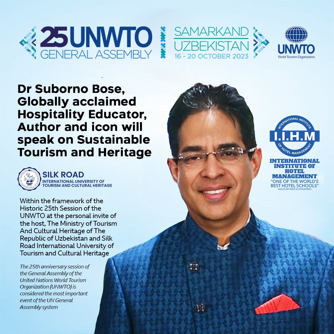 Dr. @subornobose, IIHM's CEO, honored at UNWTO's 25th General Assembly in Samarkand, Uzbekistan! Proud moment for IIHM. @UNWTO #iihmhotelschools #iihmbest3years #goals2023 #SustainableTourism #UNWTO #25thGeneralAssembly