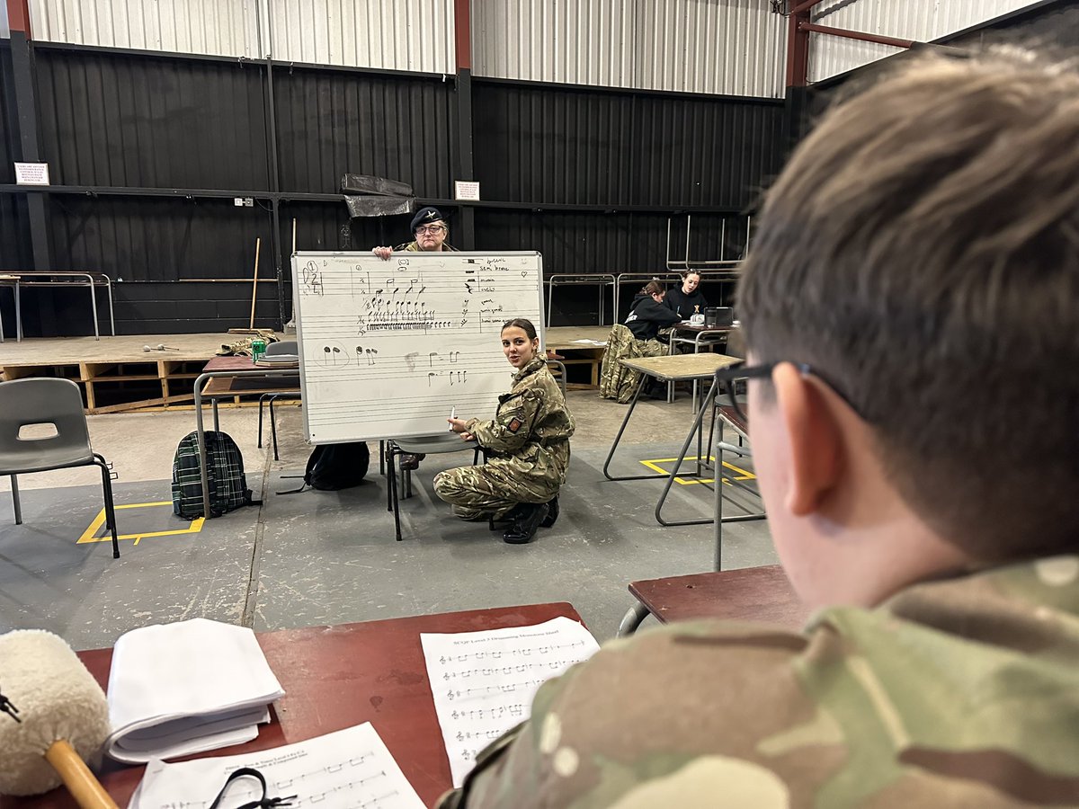 BWACFDrummy's tweet photo. A morning of rudiments and exercises… moving on to some theory this afternoon. Our fantastic level 6 tenor drummer from @SurreyACF helping with the level 3 drumming theory. 
@ArmyCadetsUK @ArmyCadetsScot @ArmyCadetsMusic @Hannah_AandSHBn https://t.co/EiXz9BPNKd