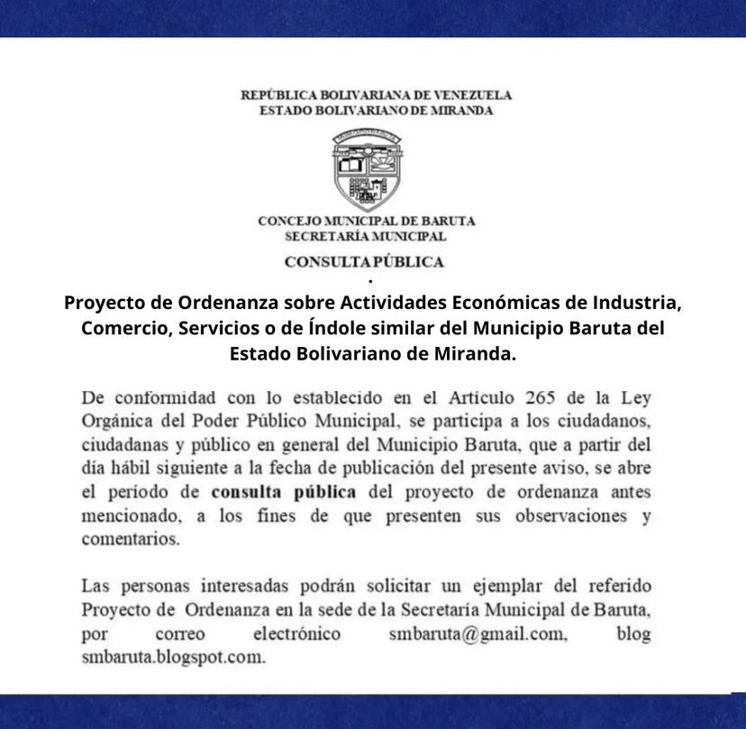 CBMactiva's tweet photo. 📣 Vecinos de Baruta CBM 
El Consejo Municipal de Baruta los invita a conocer y participar en la consulta pública del proyecto de ordenanza sobre  Actividades Económicas de Industria y Comercio
📍desde 17 al  al 26 de octubre 2023 
en la sede de la Secretaría Municipal de Baruta https://t.co/gkrAHNbgnR